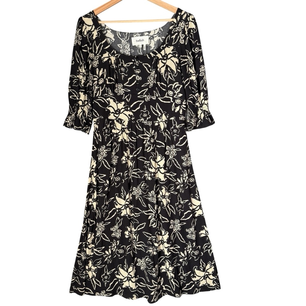 ba&sh Shaya Black ecru Midi Dress Floral Abstract Feminine Puff Sleeve M